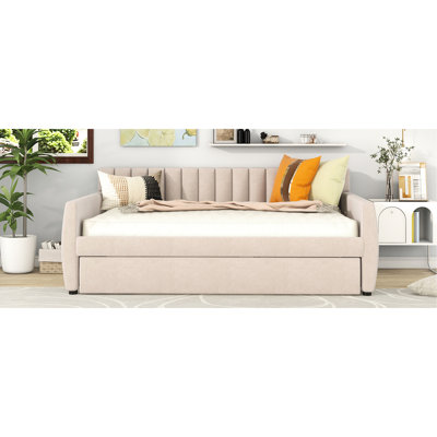 Lit de jour double avec support pour lit gigogne et lattes de bois, beige, style confortable pour un design intérieur confortable et durable