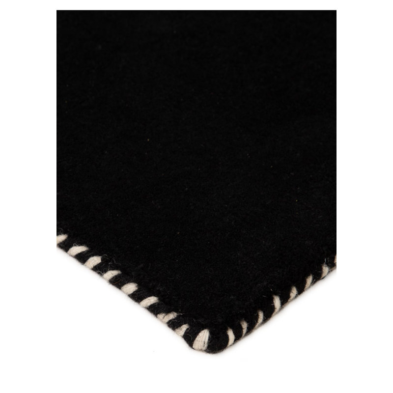Solid Colour Wool Hand Woven Area Rug, Black, Runners 80 x 300 cm