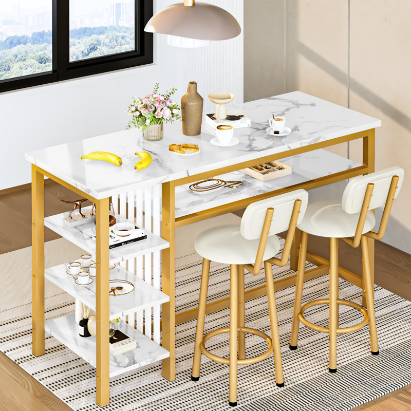 Ensemble de table de bar moderne 3 pièces avec tabourets en polyuréthane et rangement à 3 niveaux, Doré / Blanc