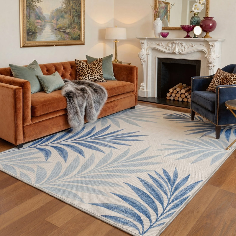 Tapis floral ivoire / bleu lavable à la machine avec envers antidérapant, Rectangle 9' x 12'