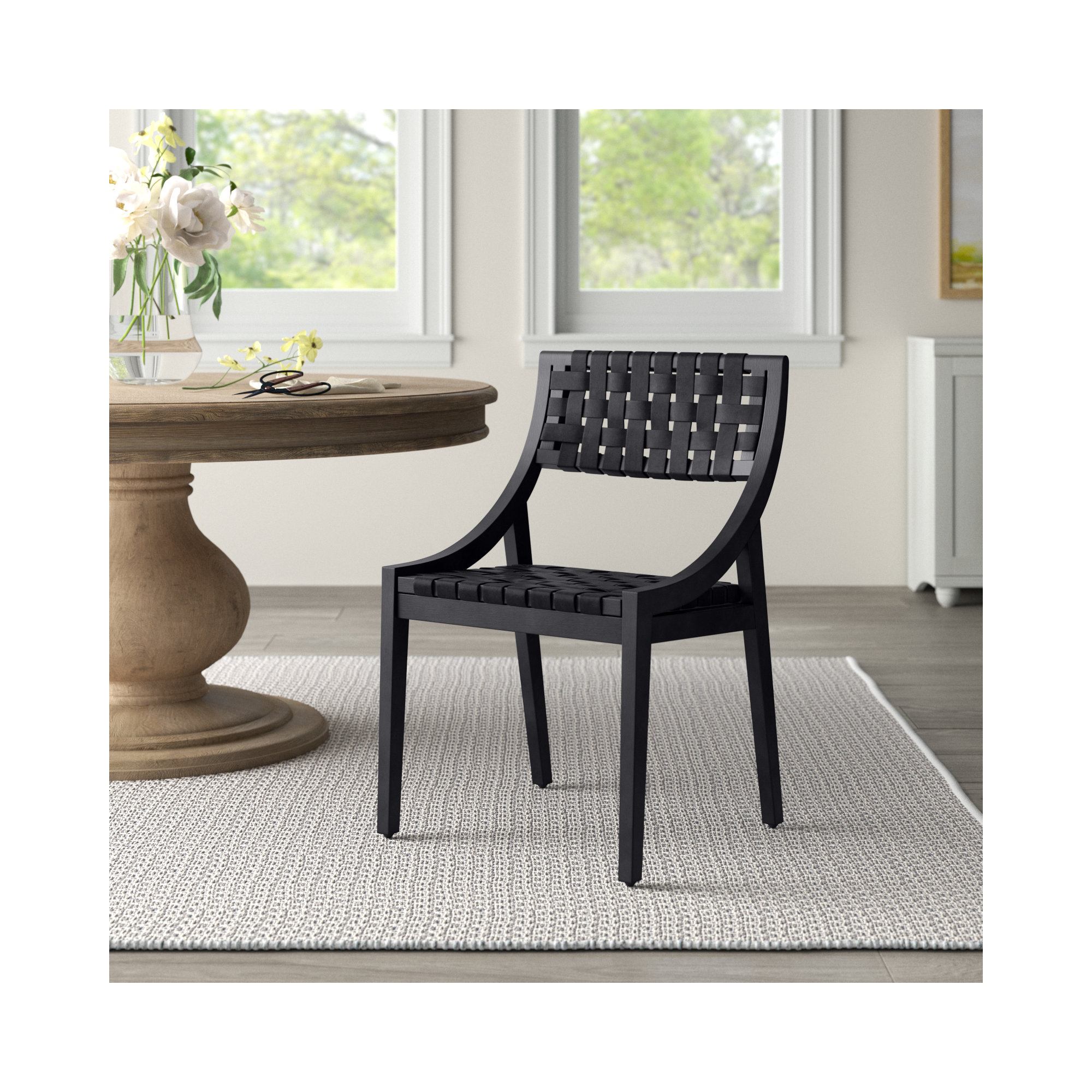 Florian Teak and Woven Full Grain Leather Side Chair, Black, Black