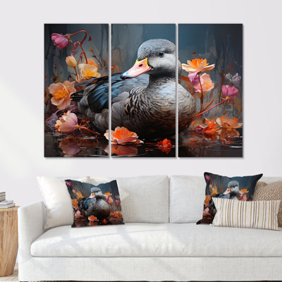 Grey Duck Floral Swims II - Duck Animal Wall Art