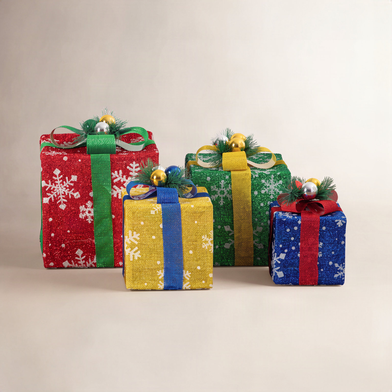 Pre-Lit Christmas Gift Boxes with LED Lights and Festive Gift Toppers - Set of 4, Multi