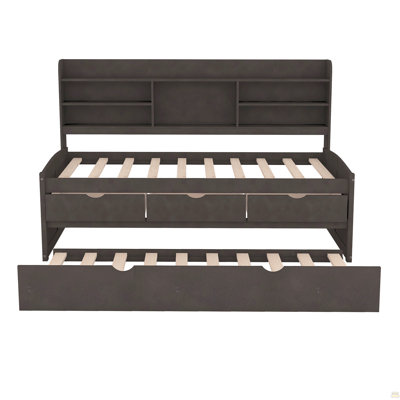 Twin Size Wooden Captain Bed with Built-in Bookshelves,Three Storage Drawers and Trundle, Antique Brown
