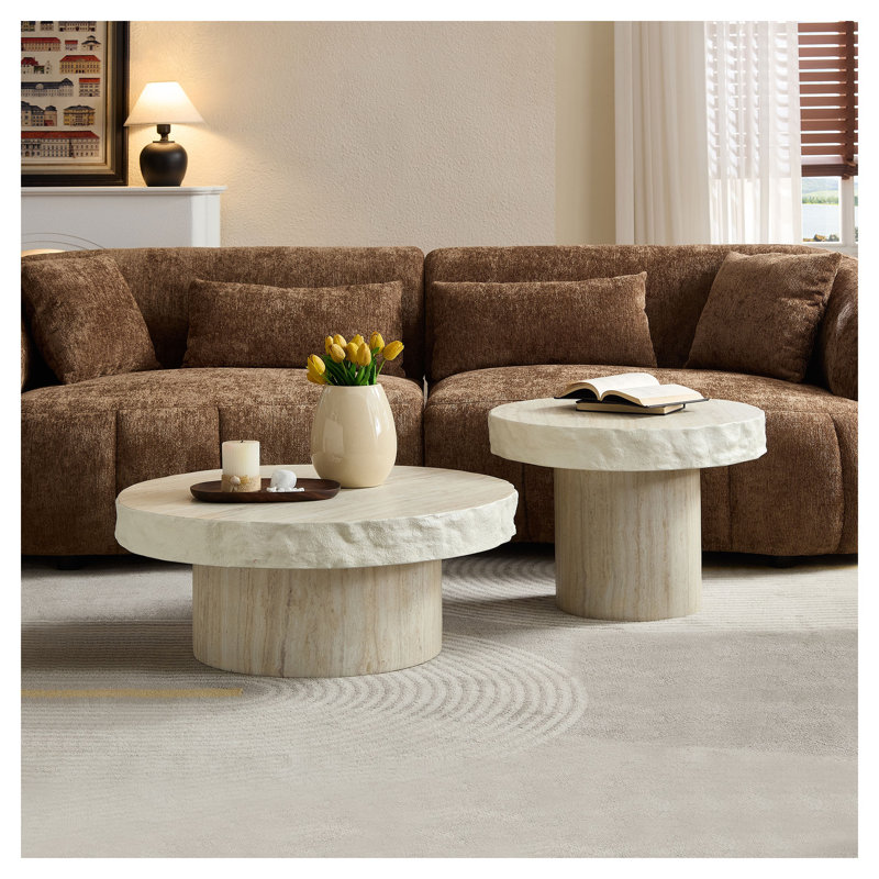 Ensemble de 2 tables basses rondes en fibre de verre beige avec finition texturée