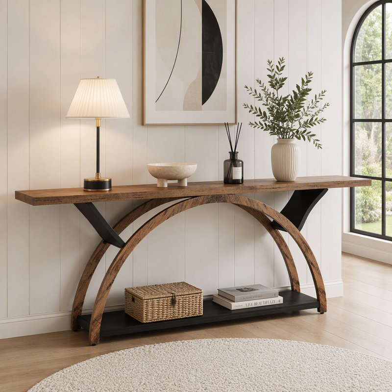 Console à 2 niveaux, table d'entrée 70,9 po avec structure en demi-lune, Brun
