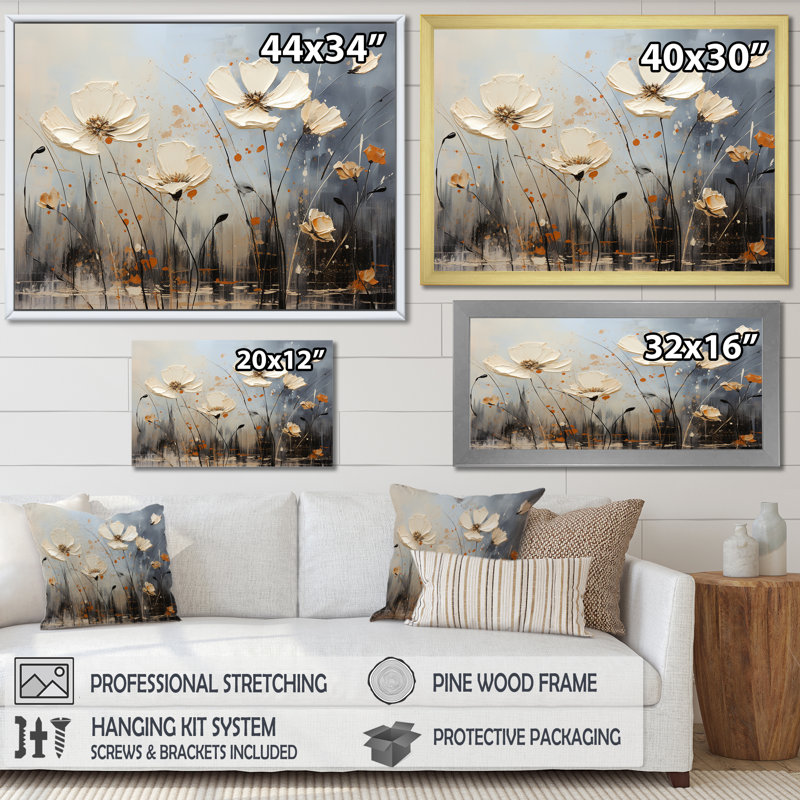 «Bloomed Flower Horizons» sur toile, Cadre flottant doré, H 34 po x l 44 po x P 1,5 po