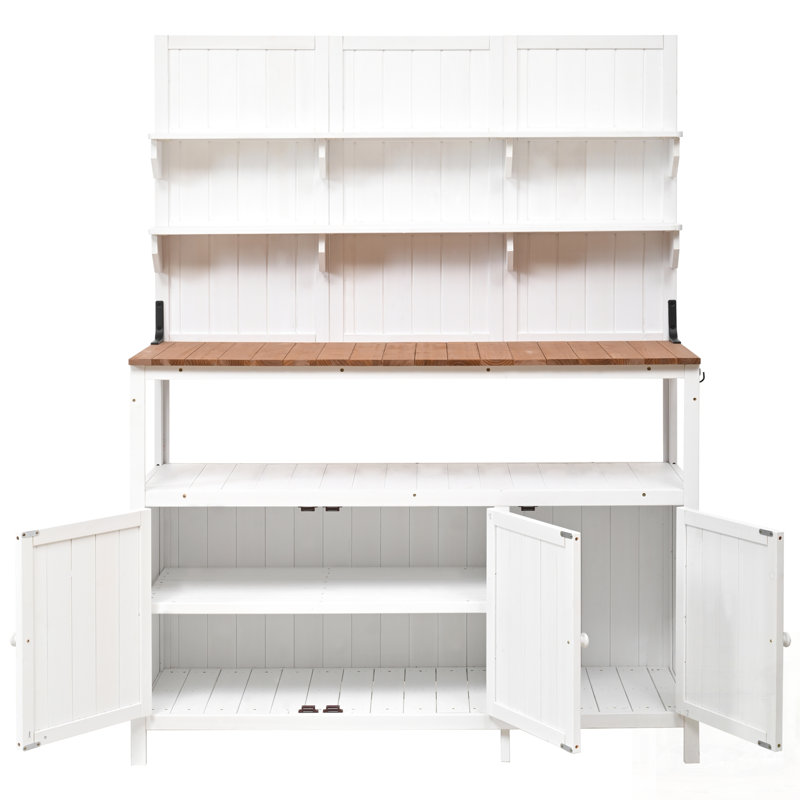 Banc de rempotage extérieur avec huche, bois de sapin massif, grand comptoir, rangement spacieux et crochets latéraux pour un jardinage efficace