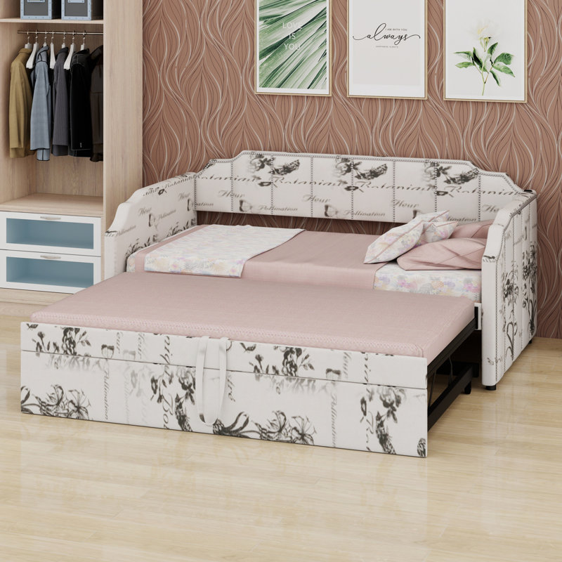 Upholstered Daybed with Pop-Up Trundle, White Tossed Botanical