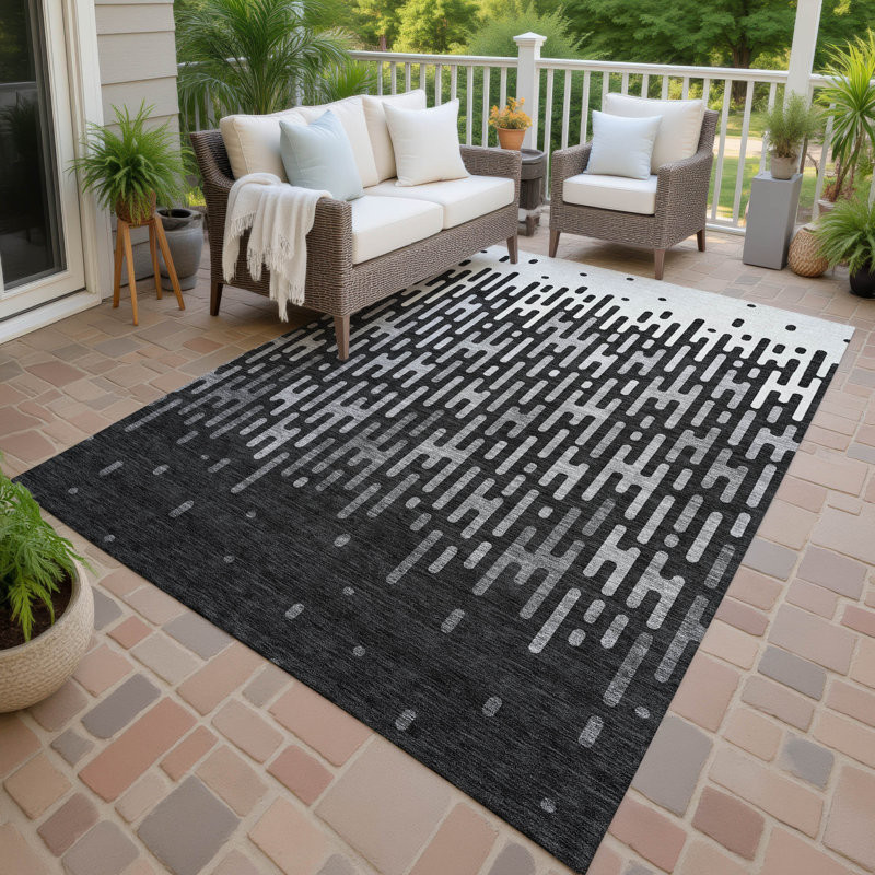 Tapis abstrait lavable à la machine intérieur / extérieur ACN2567, Noir, 9 pi x 12 pi