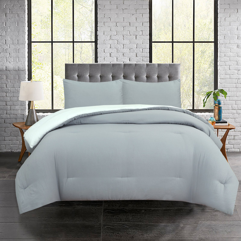 Ensemble d'édredon Cassidy Waffle Weave, Édredon pour grand lit + 2 taies décoratives, Gris pâle