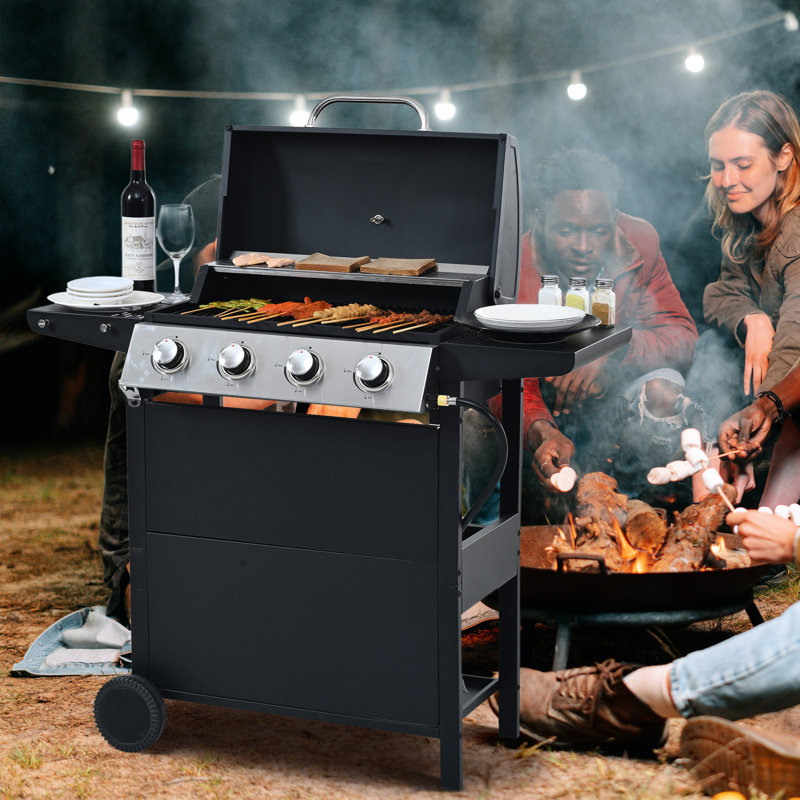 Barbecue au propane en acier inoxydable à 4 brûleurs, 34 000, avec grilles de cuisson et deux tablettes pour la construction d'un balcon, roues de patio transportables