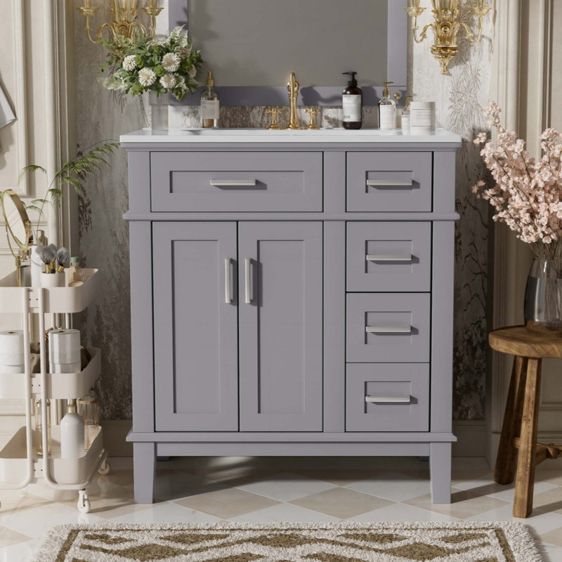 Meuble-lavabo de salle de bain avec lavabo en céramique, armoire de rangement moderne avec portes à fermeture en douceur, tiroir profond et tiroir standard, meuble-lavabo élégant pour les petites salles de bain (robinet non inclus)
