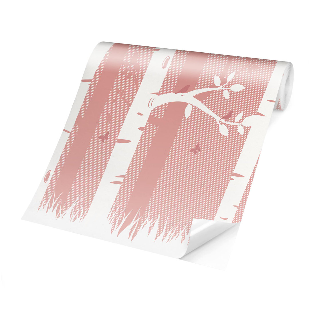 Pink Birch Forest with Butterflies and Birds 1.92m x 1.92m Peel and Stick Textured Matte Wall Mural