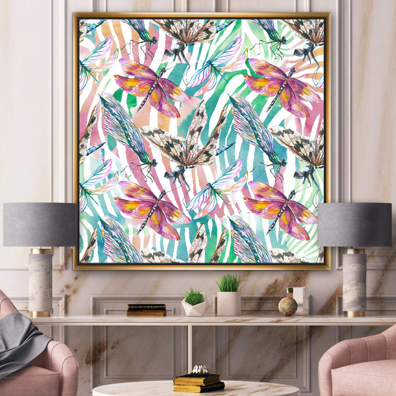 Libellule exotique sur fond tropical - reproduction d'art sur toile, H 30 po x l 30 po x P 1 po, Toile encadrée d'or