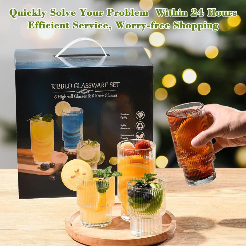 Ribbed Glassware Set Of 12,Glass Cups 12 Oz And 7 Oz,Fluted Glassware,Ribbed Drinking Glasses,Stackable Glasses,Ripple Glassware,Gift Box Set