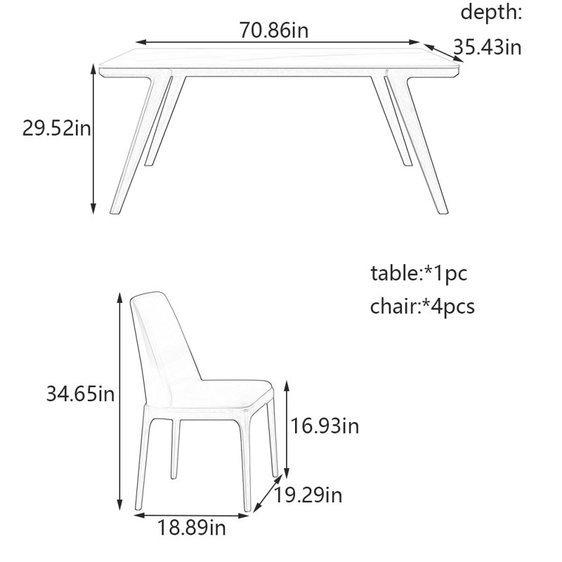 Ensemble de table et de chaises élégantes, H 29,52 po x L 70,86 po x l 35,43 po