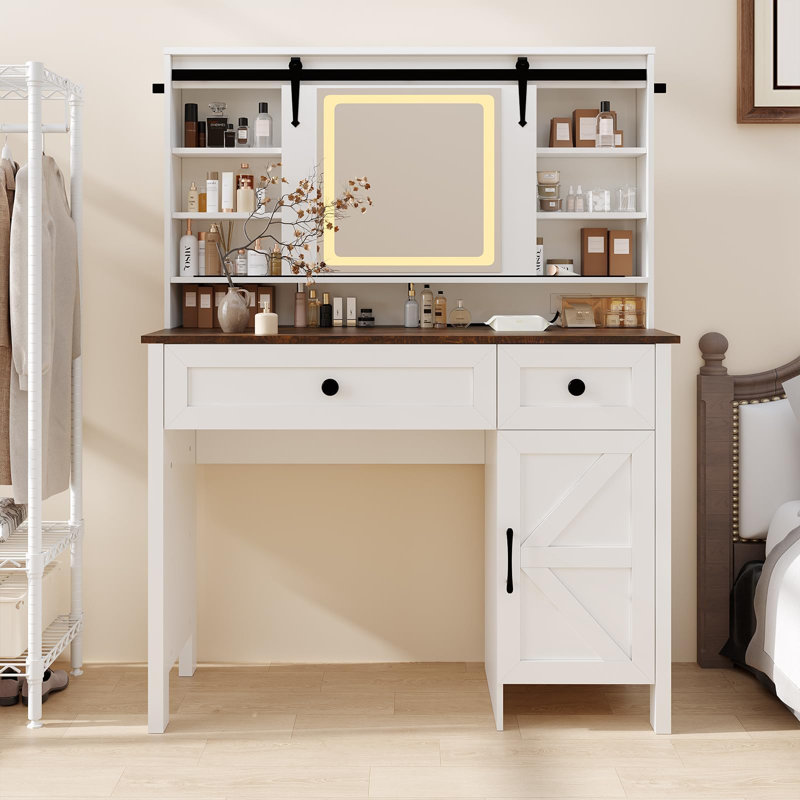 GarveeHome Modern Vanity Desk with LED Lighted Mirror, Charging Station, Storage Drawers & Cabinets, Makeup Table with Stool for Bedroom - Ideal for Girls & Teens - White