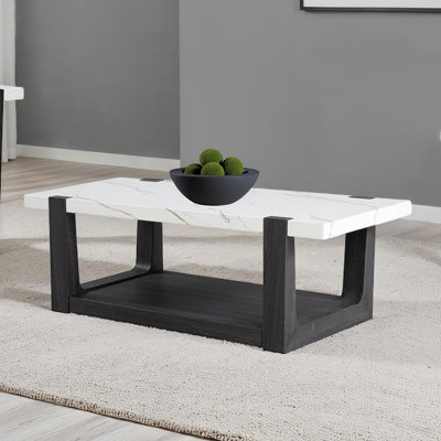 Moderne moderne 48 "rectangulaire 2 niveaux Céline avec cadre en bois aggloméré noir et plateau en faux marbre
