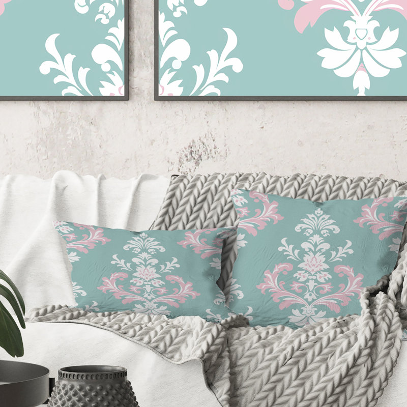 Motif damassé rétro vert et rose I - coussin décoratif rétro, H 16 po x l 16 po