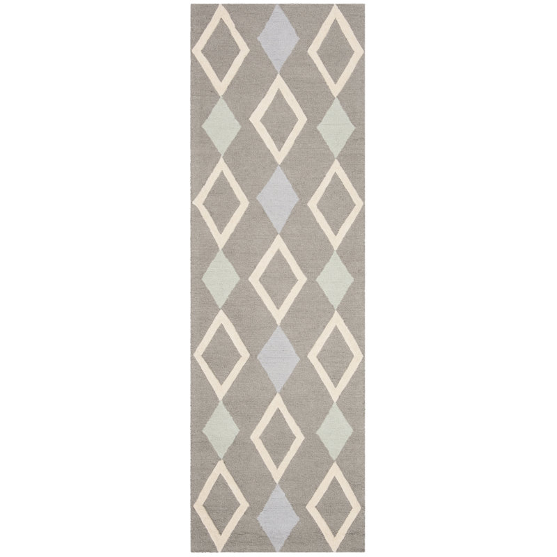 Tapis gris en laine touffeté à la main à motif géométrique Krystyna, Tapis de couloir 2 pi 6 po x 8 pi