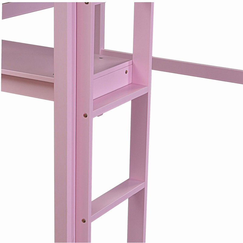 Lit mezzanine, lit mezzanine en bois d'hévéa avec garde-corps, bureau intégré, escalier., Rose