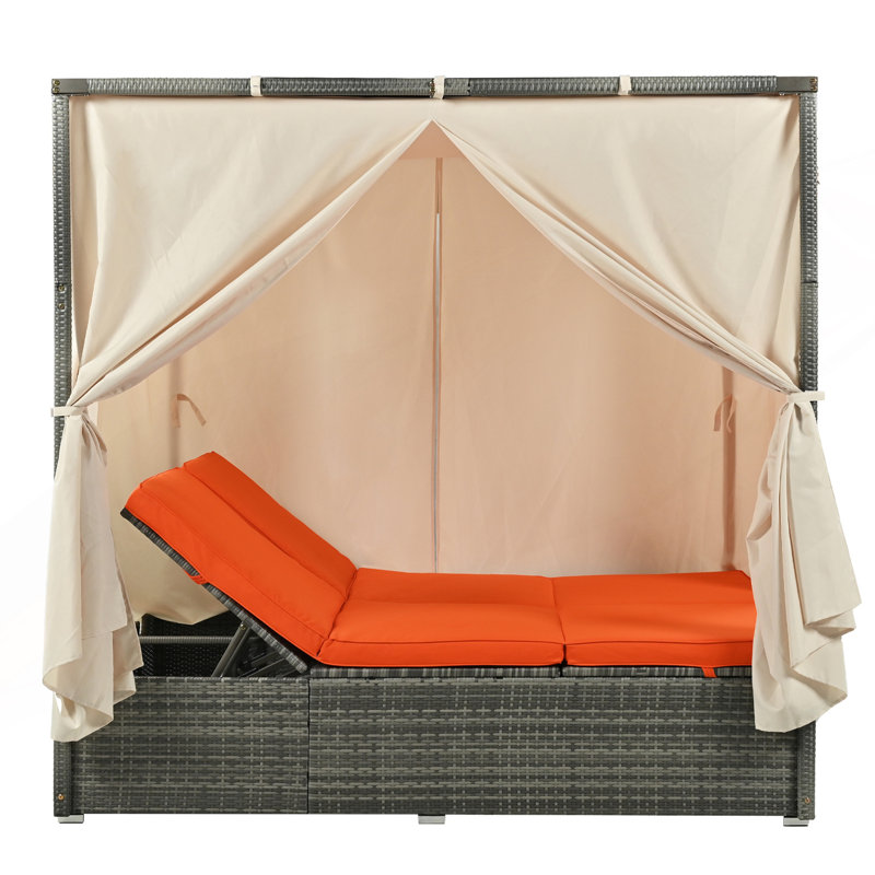 Adjustable Sun Bed With Curtain, Orange