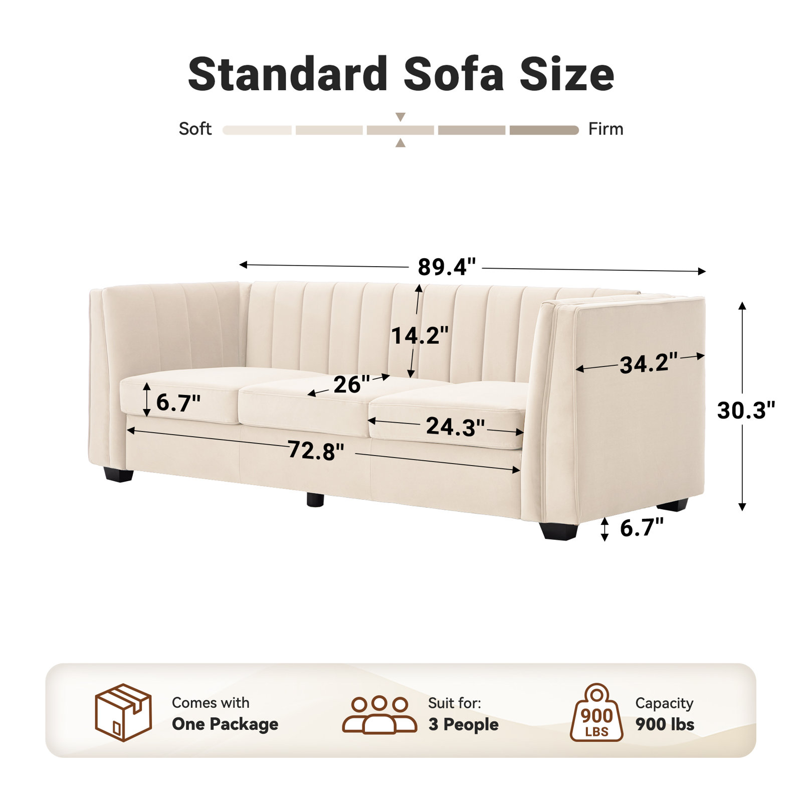 Allard Velvet Living Room Sofa, White Velvet