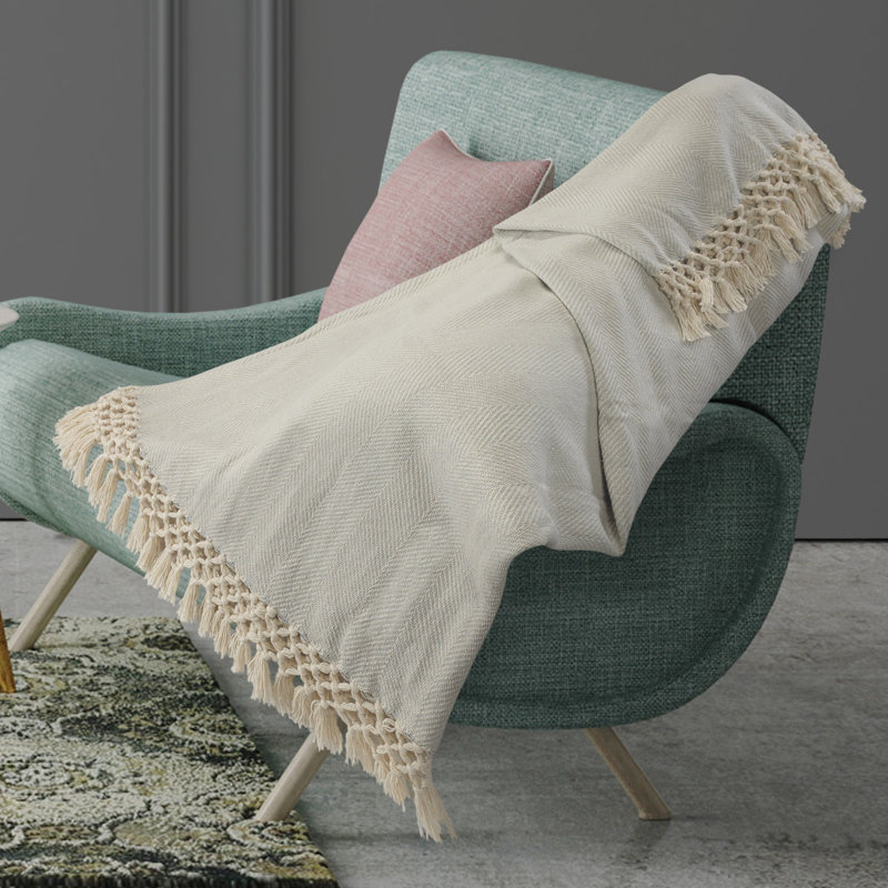 Gray Cotton Herringbone Throw Blanket with Fringe