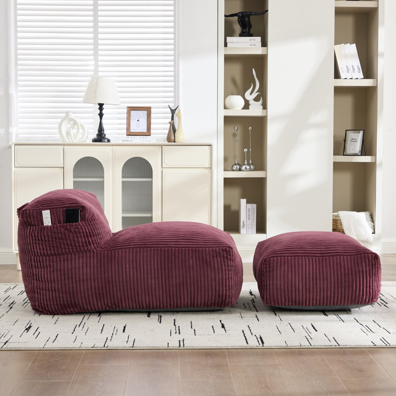 Fauteuil à billes 66,93 po en velours côtelé à compression pour adultes avec repose-pieds, Velours côtelé rouge