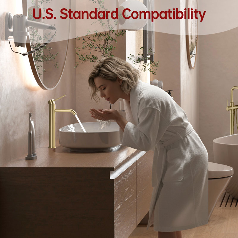 Sumerain Bathroom Vessel Sink Faucet, Leed-free Stainless Steel Bathroom Faucet with Single Handle, Brushed Gold