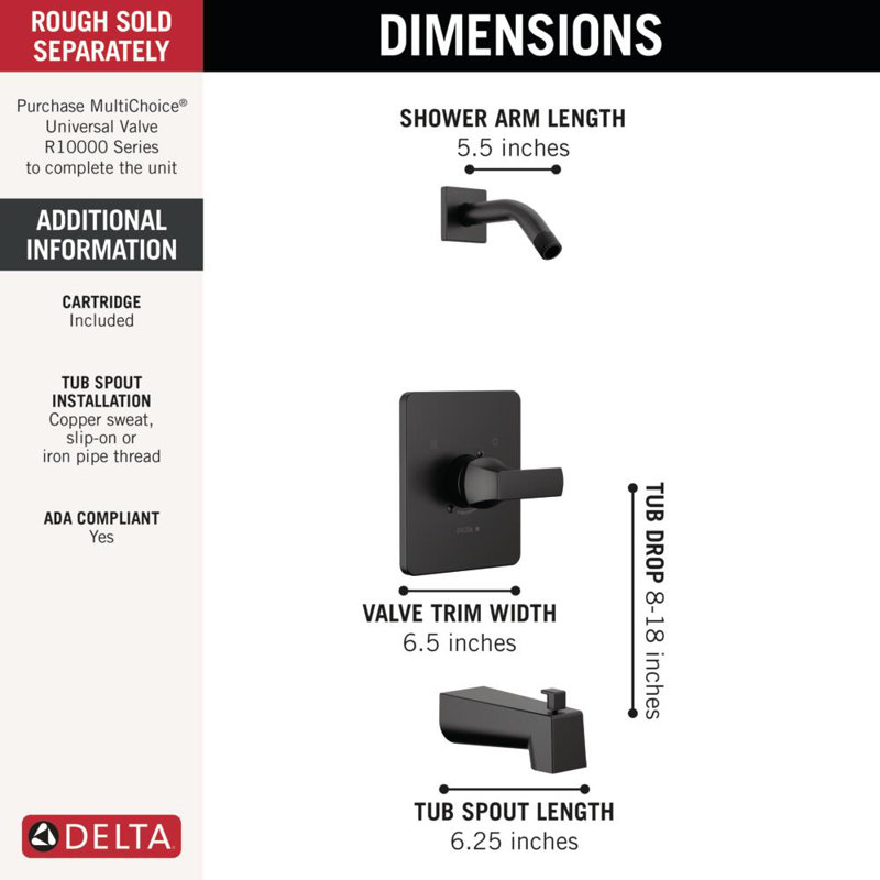 Velum 14 Series Single-Function Black Tub and Shower Faucet Set, Valve Trim Kit, Shower Handle, Shower Trim Kit, Shower Set, Matte Black (Shower Head and Valve Not Included)