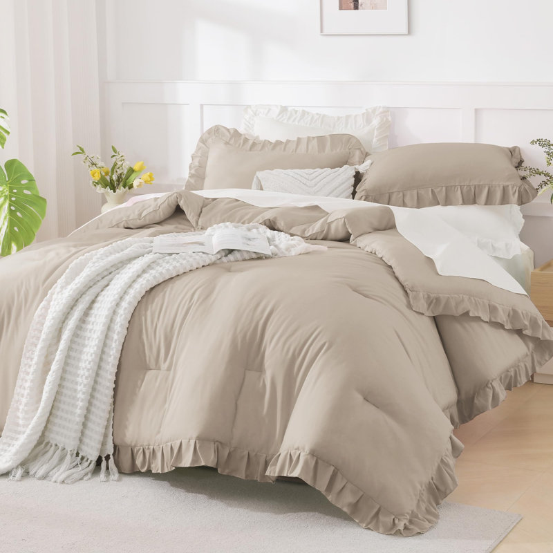 Andency Oversized King Comforter Set 120x98, 3 Pieces Ruffle Shabby Chic Famhouse Bedding Set, All Season Lightweight Fluffy Bed Set for Girls Women, Wheat