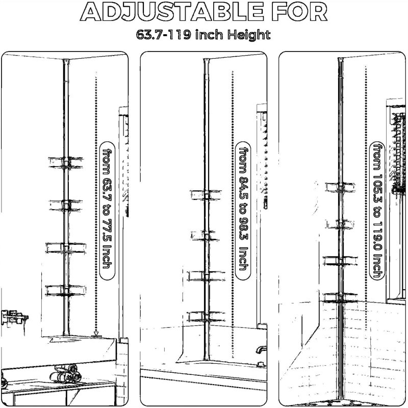 Serviteur de douche d'angle à poteau de tension réglable avec 4 tablettes, 8 crochets et 2 barres à serviettes - Organisateur de salle de bain sans installation de perceuse pour un rangement peu encombrant