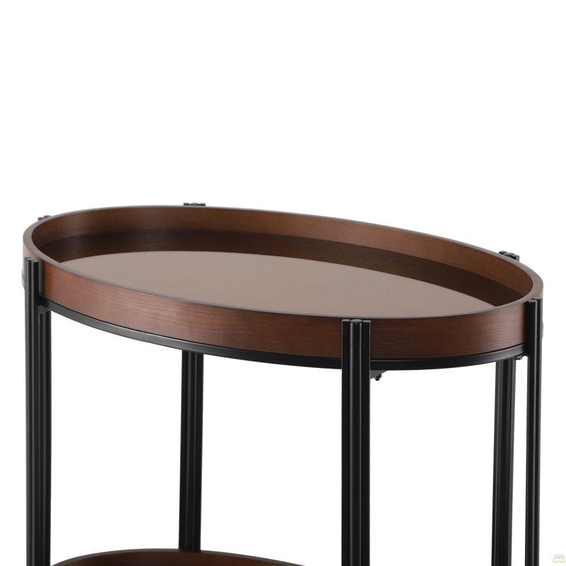Chariot-bar ovale en noyer foncé à 2 tablettes avec structure en métal noir et verre trempé brun
