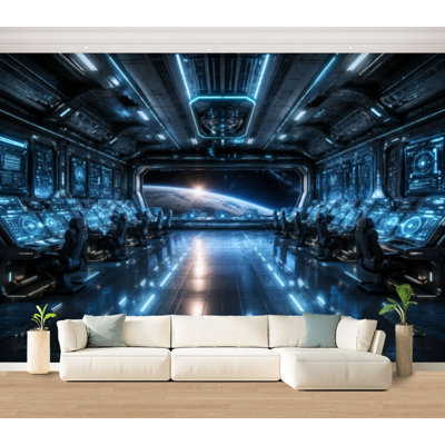 Wall Mural Peel and Stick Wallpaper white clean spaceship interior view planet earth 3d rendering Self-Adhesive Removable Contact Paper Wall Decor for Living Room Bedroom 100"H x 144"W