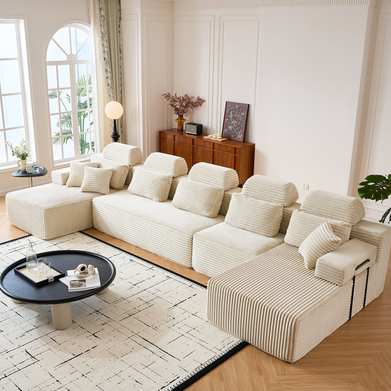 Canapé modulaire en U de 171 po avec méridienne modulaire en U avec méridienne en velours côtelé de 171 po, aucun assemblage requis, blanc