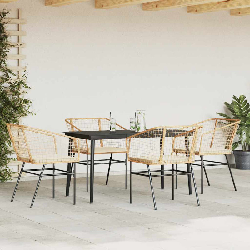 Ensemble repas de patio avec coussins en verre et poly rotin, H 29,1 po x l 27,6 po x L 55,1 po, Blanc / Brun, 4