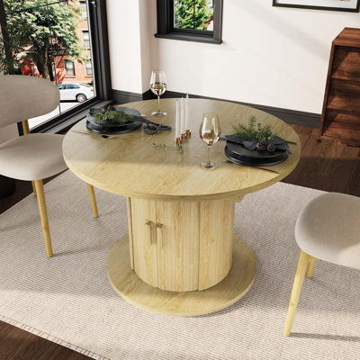 Extendable Dining Table for 4-6 with Hidden Storage Cabinet, 43"-59" Round to Oval Kitchen Table with Smooth Slide Leaf, Natural