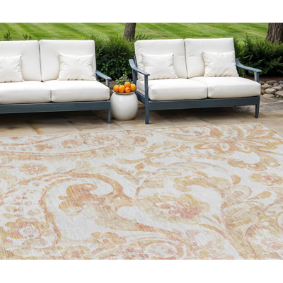 Tapis intérieur lavable 10 pi x 14 pi ivoire et motif cachemire pêche