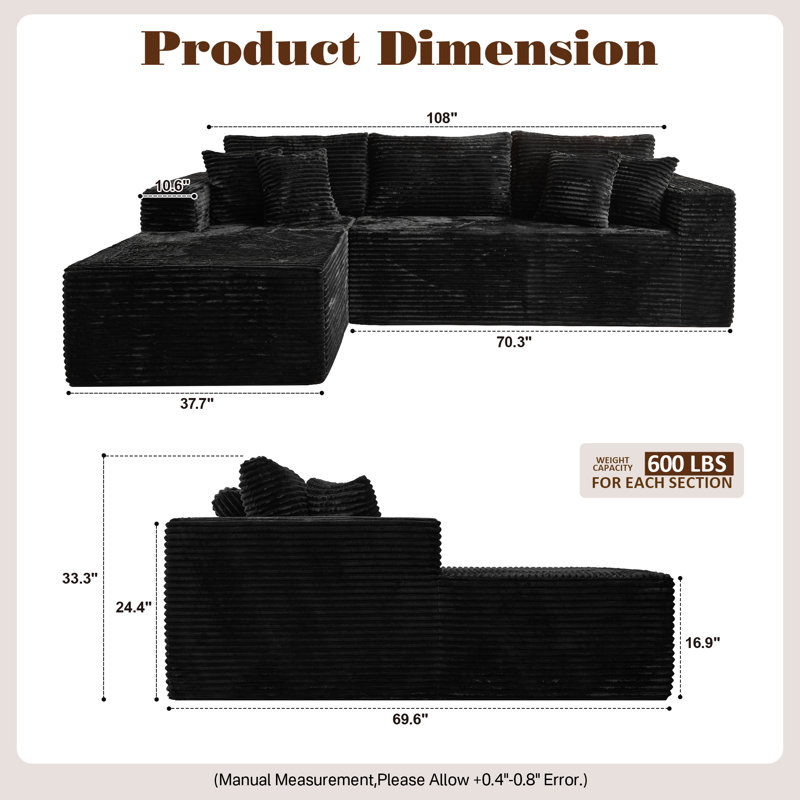 2 - Piece Upholstery Compression Sectional, Convertible Cloud-Like Sofa with No Assembly, Left Hand Facing, Black 