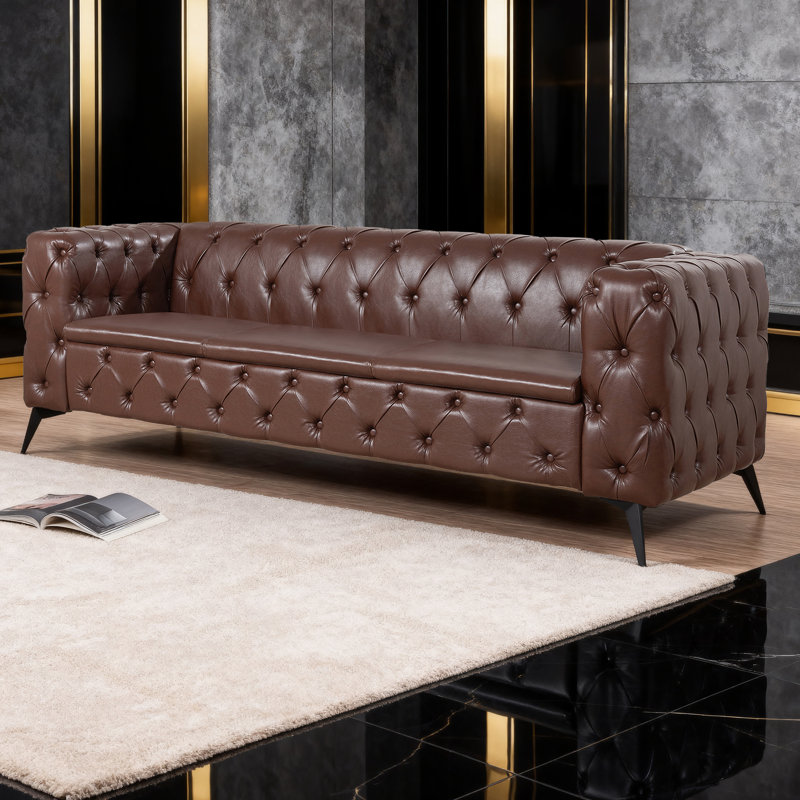 Canapé Chesterfield 84 po en similicuir 84 po avec capitonnage, Brun