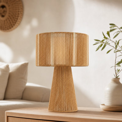 18.5" Boho Brown Rattan Table Lamp, Woven Table Lamps with Fabric Shade for Bedroom and Living Room