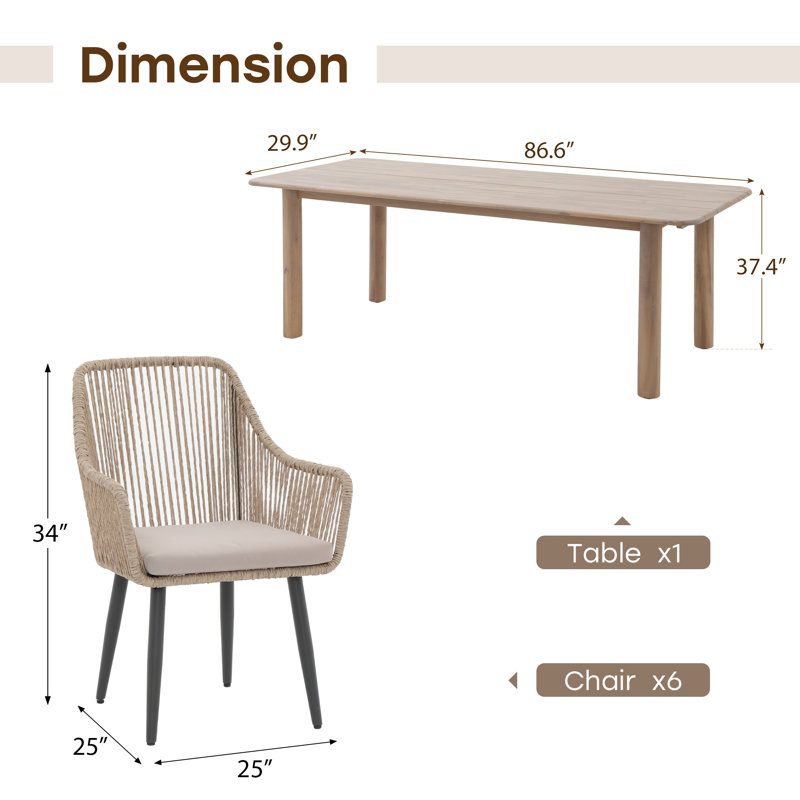 Ensemble repas d'extérieur 7 pièces avec table en bois massif et 6 fauteuils en osier