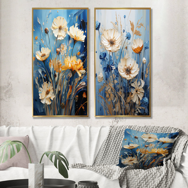 «White Calm Cornflowers Meadows I», ensemble de 2 reproductions d'art mural, Encadrement doré, H 28 po x l 25 po