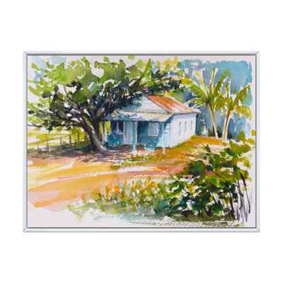 " Blue Bungalow In Tropical Garden " Painting Print