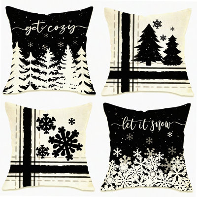 Snowflake Cozy Farmhouse Pillow Covers Set - Let It Snow Pine Tree Outdoor Cushion Case - Winter Seasonal Holiday Decor - Black Throw Pillowcase