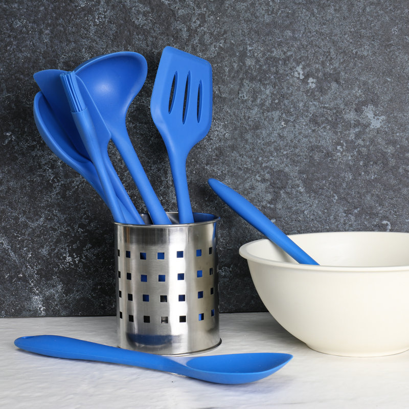 Blue Silicone 7 Piece Cooking Utensil Set with Stainless Steel Core