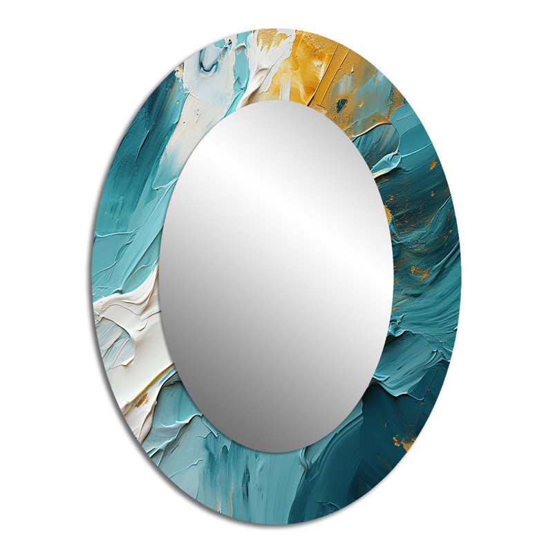 Golden Morning Glory, peinture dorée sur sarcelle II - grand miroir mural ovale sur métal, 40 po x 30 po