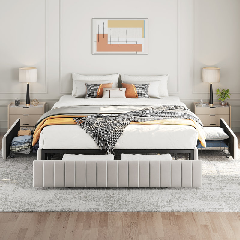 Lit plateforme tapissier avec rangement Argjirulla, Grand, Beige